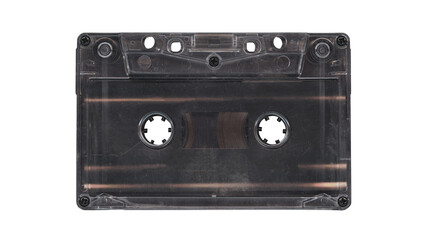 Compact music cassette tape with stickers in vintage retro Y2K 80’s, 90’s style, isolated and clipping path on a transparent background, no shadows, plastic analog clear cassette for realistic mockups