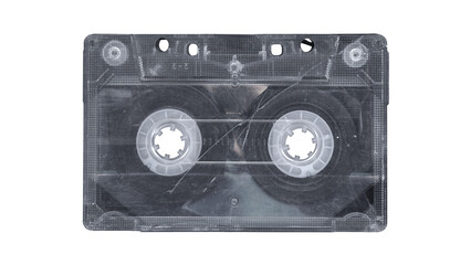 Broken Compact music cassette tape with stickers in vintage retro Y2K 80’s, 90’s style, isolated and clipping path on a transparent background, no shadows, analog clear cassette for realistic mockups