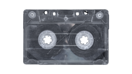 Broken Compact music cassette tape with stickers in vintage retro Y2K 80’s, 90’s style, isolated and clipping path on a transparent background, no shadows, analog clear cassette for realistic mockups