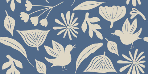 Hand drawn mixed ethno style floral ornament seamless pattern with birds. Abstract trendy print.
