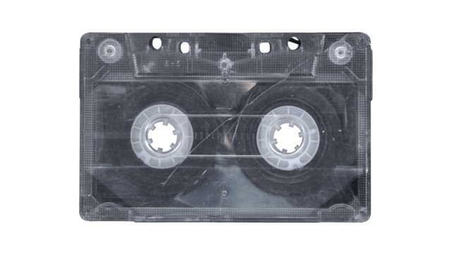 Broken Compact music cassette tape with stickers in vintage retro Y2K 80’s, 90’s style, isolated and clipping path on a transparent background, no shadows, analog clear cassette for realistic mockups