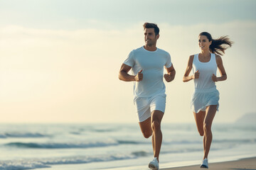 Sporty Couple Running On Beach, Outdoor Training. Сoncept Nature Hike, Fitness Motivation, Active...