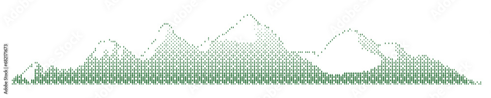 Poster green halftone mountain landscape with fir trees pattern. background with gradient rocks covered wit