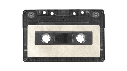 Compact music cassette tape with stickers in vintage retro Y2K 80’s, 90’s style, isolated and clipping path on a transparent background, no shadows, plastic analog clear cassette for realistic mockups