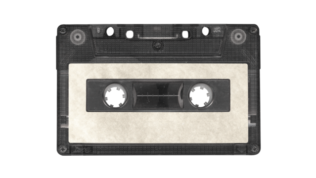 Compact music cassette tape with stickers in vintage retro Y2K 80’s, 90’s style, isolated and clipping path on a transparent background, no shadows, plastic analog clear cassette for realistic mockups