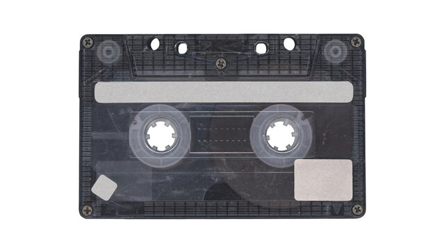 Compact music cassette tape with stickers in vintage retro Y2K 80&rsquo;s, 90&rsquo;s style, isolated and clipping path on a transparent background, no shadows, plastic analog clear cassette for realistic mockups
