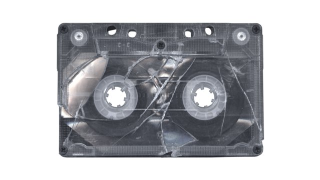Broken Compact music cassette tape with stickers in vintage retro Y2K 80’s, 90’s style, isolated and clipping path on a transparent background, no shadows, analog clear cassette for realistic mockups
