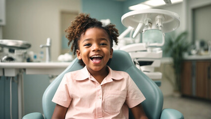 Portrait of happy African american little girl sitting in dental chair and smiling. Dental health care and joyful experience of a visit to the dentist concept. AI generated 
