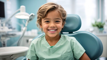 Portrait of smiling little boy sitting at dental chair during waiting oral checkup. Dental care and joyous experience of a visit to the dentist concept - obrazy, fototapety, plakaty