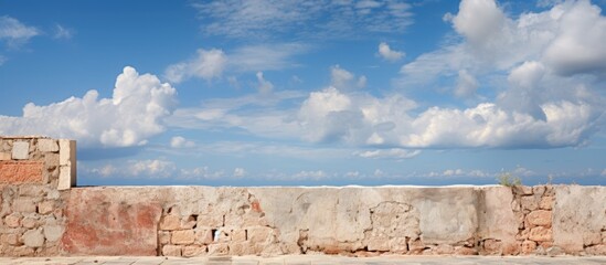 The old urban wall, with its weathered stone texture and traces of red plaster, stood under the blue sky, showcasing the contrasting architecture of the construction against the white clouds, while