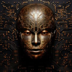 The Technological Mind: A Man's Face Amidst a Circuit Board Landscape