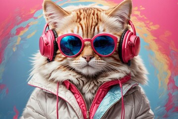 Portrait of a cat with headphones on a colorful background. The concept of listening to music.