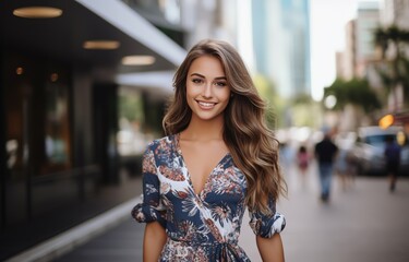 pretty woman modern stylish lifestyle walking in modern big city with high-rise building as background, Generative Ai