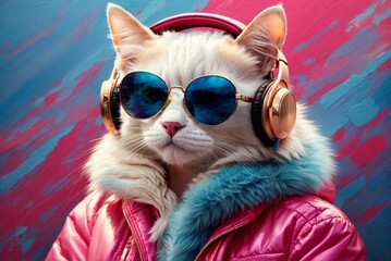 Portrait of a cat with headphones on a colorful background. The concept of listening to music.