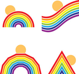 Rainbow, original, rainbow design icons with sun isolated on white background. Set of rainbows. Vector, cartoon information. Vector.