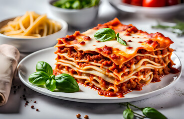 Traditional italian lasagna made with minced beef bolognese sauce - obrazy, fototapety, plakaty