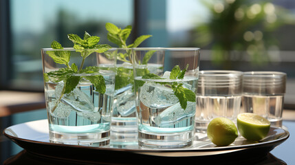 a tray with glasses of water in which cubes of one and mint float. Summery refreshing drink