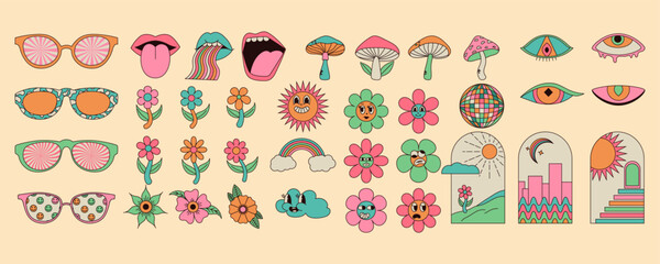 Set of psychedelic hippie stickers with groovy mushrooms, sun, flower, lips, eyes, sunglasses and more. Retro vector graphics. - obrazy, fototapety, plakaty