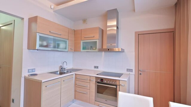 standard room interior apartment. kitchen and dining room, refectory area, cooking equipment, table furniture, stove