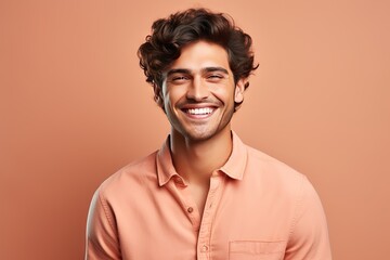 Obraz premium Portrait of a handsome smiling, happy and pleased man with positive vibes. Human person dressed in fashionable, colorful and fun clothes. Generative AI, AI