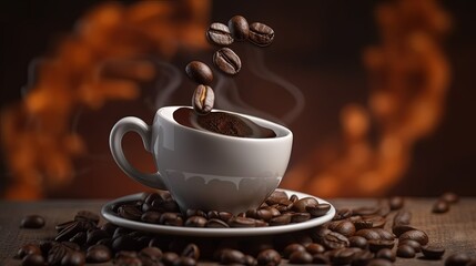 Fototapeta premium Coffee cup with coffee beans. Space for text. generative ai