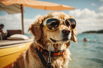 Golden Retriever dog in the swimming pool. Summer vacation concept.
