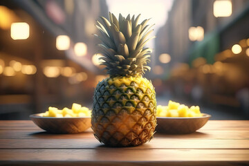 Bowl pineapple on wooden tabletop, street background