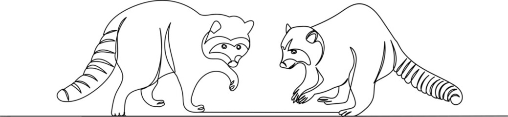 raccoons line drawing, sketch on white background vector