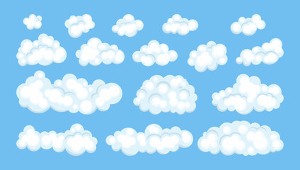 Set of white clouds of different shapes. Vector cartoon flat illustration.