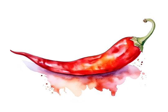 Watercolor red chili pepper with splashes of paint on a white background. 