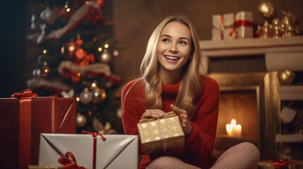 Model opening christmas present with a christmas bokeh background 