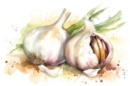 Watercolor heads of garlic with splashes of paint on a white background. 