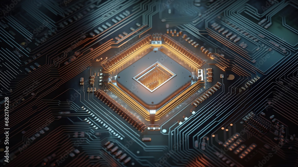 Poster circuit board with cpu. motherboard system chip with glowing pro