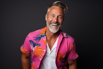 Obraz premium Handsome smiling, happy and pleased man with positive vibes. Human person dressed in fashionable, colorful and fun clothes. Generative AI, AI