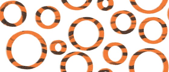 Seamless abstract geometric pattern. Black, orange and white. Circles, rings. Digital brush strokes background. Design for textile fabrics, wrapping paper, background, wallpaper, cover.