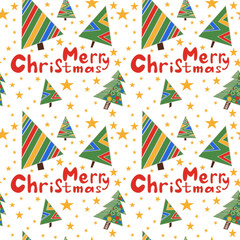 Seamless abstract pattern with christmas tree, stars, Merry Christmas letters. Green, red, yellow, White background. Vector. Design for textile fabrics, wrapping paper, background, wallpaper, cover.