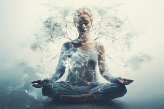 Double exposure photo of woman meditating in the nature
