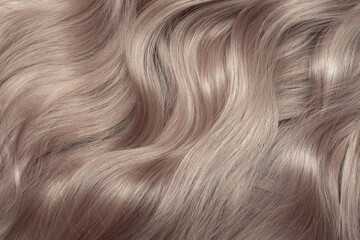 Blond hair close-up as a background. Women's long light brown hair. Beautifully styled wavy shiny...