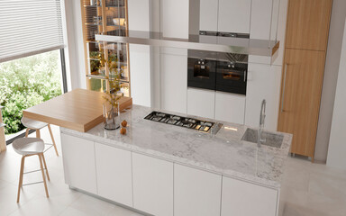 Modern kitchen interior in white colors. 3d render	