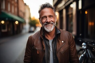 Fototapeta premium Handsome smiling, happy and pleased man with positive vibes. Human person dressed in fashionable, colorful and fun clothes. Generative AI, AI