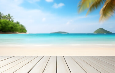 Fototapeta premium Empty wooden table and palm leaves on beach blurred background in summer time
