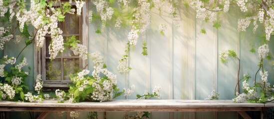 background of the old wooden cabin, the delicate floral texture of the green vines and blooming flowers in shades of white and soft pastels added a feminine touch to the rustic setting, evoking the