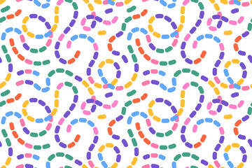 Naive seamless dotted squiggle pattern with bright colored wavy lines on a light background. Creative abstract squiggle style drawing background.