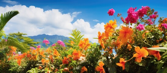 In the botanical garden of Jalisco, amidst the vibrant flowers and lush greenery, the tropical yellow blooms attracted nobody's attention under the clear blue sky of Puerto Vallarta, City. - obrazy, fototapety, plakaty