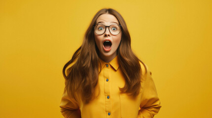Beautiful middle age senior woman wearing elegant yellow coat and hat over isolated yellow background amazed and surprised looking up and mouth with fingers and raised arms with. - obrazy, fototapety, plakaty
