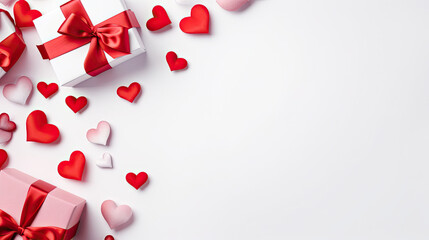 Valentine's Day composition. Hearts, bows and Valentine's elements on white background. Blank empty space for text. ,valentines background with hearts, top view