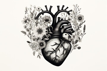 Valentines day card. Anatomical heart with flowers. Black and white ink illustration - obrazy, fototapety, plakaty