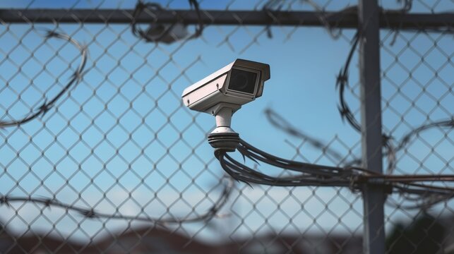 CCTV secutity cameras system and barbed wire fence. Privacy, sec