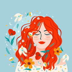 Portrait of cute girl with flowers and birds. Self care, self love, harmony. Isolated vector