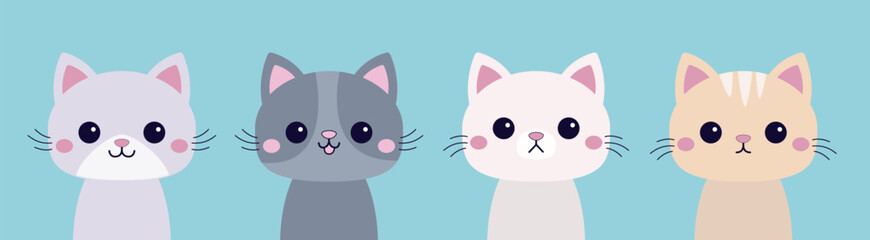 Cute cat icon set. Funny kitten, kitty. Cartoon kawaii baby character. Different breeds and patterns, emotions, colors. Line banner. Flat design. Blue background. Isolated.